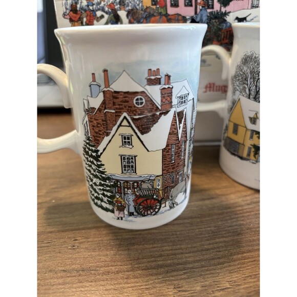 DUNOON 4 Christmas Mugs Scotland Victorian Prints w/ Box Fine White bone china - Picture 5 of 16